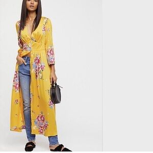 Free People Alexa yellow floral duster jacket in maxi length size XS